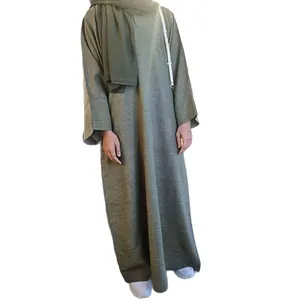 Elegant solid olive green loose maxi robe with round neck for modest daily fashion wear