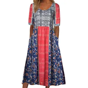Full view detail of women's ethnic floral print maxi dress with round neck and short sleeves