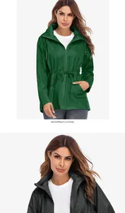 Détail de la veste de pluie imperméable à capuche en vert foncé et noir avec taille
