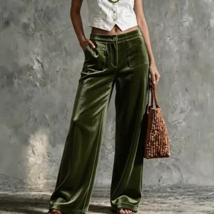 Pantalon large élégant en velours vert olive à taille haute avec poches pour femme