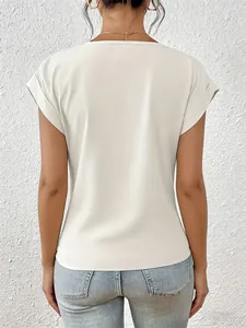 Back view of an elegant white short sleeve t-shirt with cuffed sleeves and casual fit