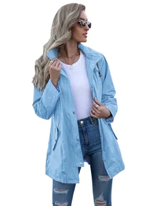 Detailed view of women's light blue hooded raincoat with zipper and snap buttons