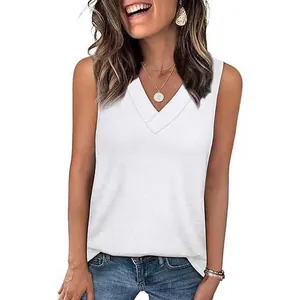 Women's casual loose V-neck sleeveless tank top in solid white for summer fashion
