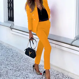 Detailed view of a bright yellow two-piece fashion blazer and pants suit set on model