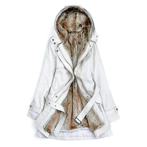 Women's mid-length winter parka with faux fur lining and waist belt in stylish white