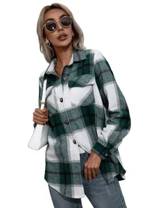 Chaqueta de camisa de cuadros verdes de manga larga informal y holgada para mujer