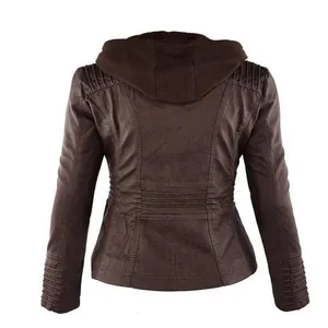 Detailed back view of a women's slim-fit brown hooded faux leather jacket with ribbed stitching.
