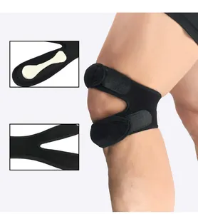 Detail view of adjustable black patella knee strap with shock-absorbing pad