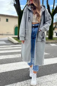 Lange oversized dameshoodie met capuchon in grijs met fleecevoering en ritssluiting