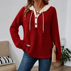 Casual women's red ribbed knit hoodie with button V-neck and cream drawstring hood