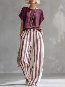 Conjunto boho de top de lino púrpura y pantalones de rayas anchos para mujer