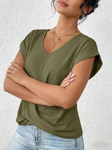 Elegant olive green V-neck T-shirt featuring a unique twisted front hem and cuffed sleeves