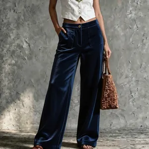 Pantalon décontracté élégant en velours bleu marine à taille haute et jambes larges