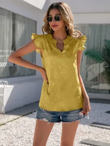 Elegant yellow satin V-neck blouse featuring ruffled sleeves and a delicate jacquard pattern