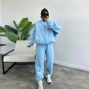 Oversized light blue fleece tracksuit set with zip hoodie and wide-leg sweatpants
