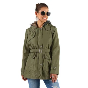 Women's mid-length olive green parka jacket with faux fur hood and adjustable waist belt