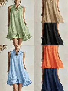Women Sleeveless Stand Collar Dress Elegant Solid Color Ruffle Hem A-Line Mini Dress For Summer Vacation Casual Beach Wear