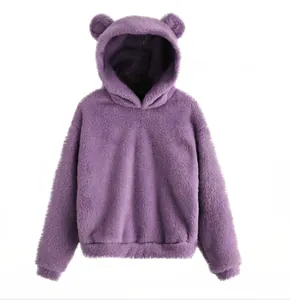 Warme paarse pluche hoodie met schattige berenoren en zachte fleece voor de winter.
