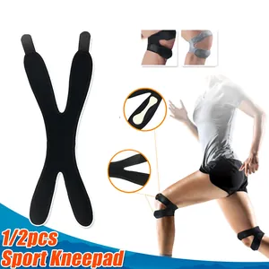 Patellar tendon support strap shown flat with model usage in running scenario