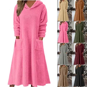 Robe à Manches Longues en Peluche à Capuche pour Femmes Décontractée Ample en Molleton Épais Couleur Unie Avec Poches Automne Hiver