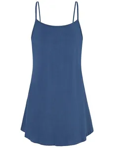 Detailed front view of a navy blue summer camisole with thin spaghetti straps and hem