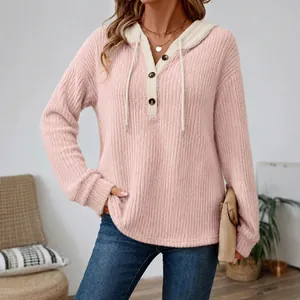 Casual pink loose v-neck hooded knit top with button details and drawstring for women
