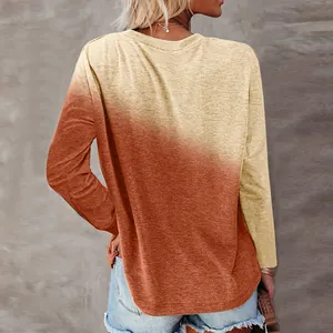 Back view of a casual round neck long sleeve T-shirt with rust ombre gradient