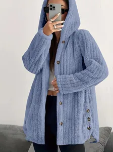 Women's cozy blue oversized hooded fuzzy fleece jacket featuring wooden button accents