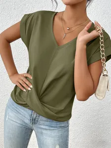 Elegant olive green V-neck T-shirt with a stylish front twist detail for women.