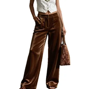 Pantalon élégant en velours marron à taille haute et jambes larges pour femmes