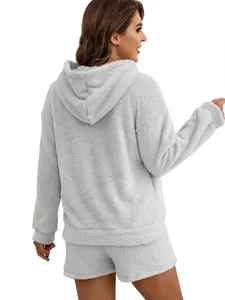 Back view of gray fuzzy plush hooded sweatshirt and shorts loungewear set for women