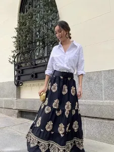 Elegant Bohemian black and gold floral print high waist A-line maxi skirt for women