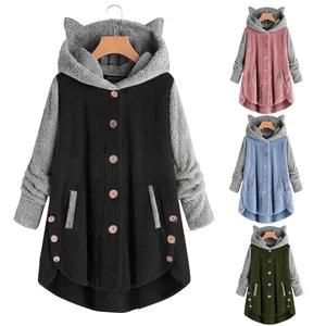 Dames Color Block Pluche Hoodie Met Kattenoren Onregelmatige Zoom Knoopsluiting Oversized Warme Fleece Jas Casual Streetwear Winter Top