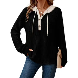 Women's casual loose knit hoodie with V-neck button drawstring detail in black