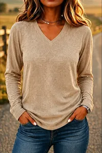 Close-up of V-neck long-sleeve T-shirt with heathered texture in khaki