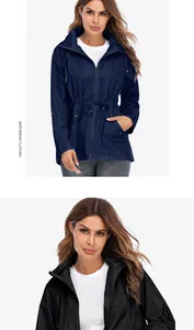 Imperméable à capuche pour femme avec taille à cordon en bleu marine et noir élégant