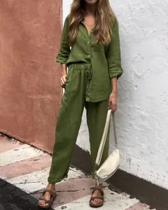 Ensemble deux pièces décontracté pour femme en coton et lin vert olive avec chemise et pantalon