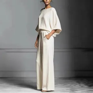 Elegant linen two-piece set with flare sleeves and wide leg pants for women