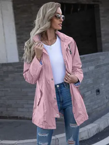 Women's pink mid-length waterproof hooded raincoat with zip and snap button closure