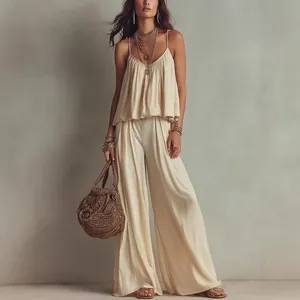 Damen Französisch Einfach Eckiger Ausschnitt Einfarbig Top Und Bottom Hohe Taille Weites Bein Freizeit Hose Set Polyester Sommer Boho Outfit