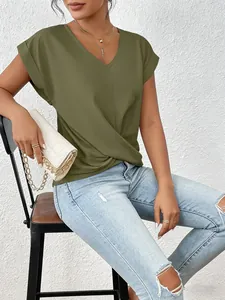 Detailed view of elegant olive green women's V-neck T-shirt with twisted hem design.