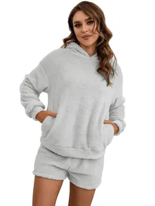 Detail of grey teddy fleece hooded sweatshirt and shorts loungewear set for women