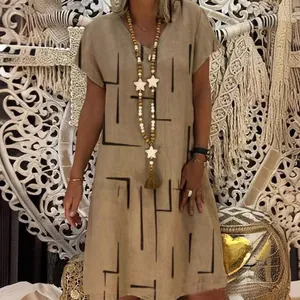 Women V Neck Short Sleeve Geometric Print Midi Dress Bohemian Casual Polyester Loose A Line Dress For Summer Daily Wear