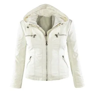 Stylish white hooded faux leather jacket with multiple silver zipper pockets for women