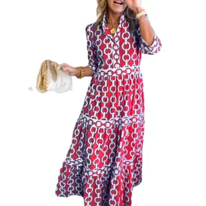 Red geometric chain print maxi dress for women elegant spring summer fashion style