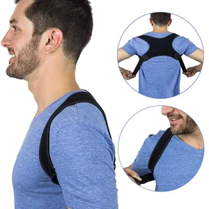 Adjustable back posture corrector shown with side, back, and strap adjustment details