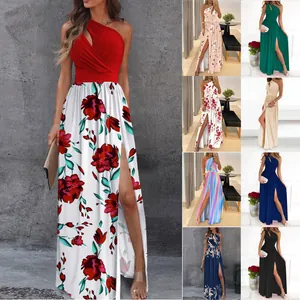 Elegant one-shoulder sleeveless maxi dress with high waist and high side slit detail
