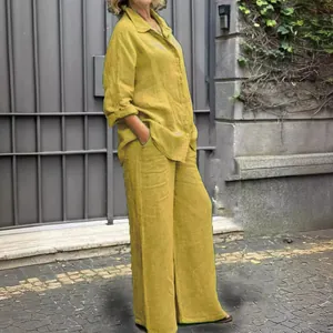 Women's casual mustard yellow linen long sleeve shirt and wide-leg pants two-piece set