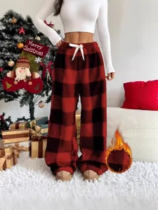Women Plaid Print Wide Leg Pants Elastic Waist Drawstring Bow Tie Loose Loungewear Bottoms Casual Christmas Home Trousers