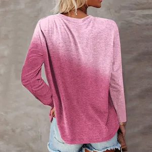 Back view detail of a women's pink and purple gradient long sleeve casual crewneck T-shirt